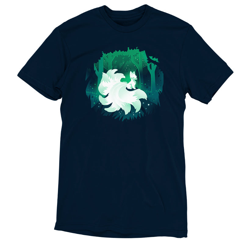 Premium Cotton T-shirt_TeeTurtle Forest Kitsune navy blue t-shirt featuring a glowing kitsune sitting on rock in nature.