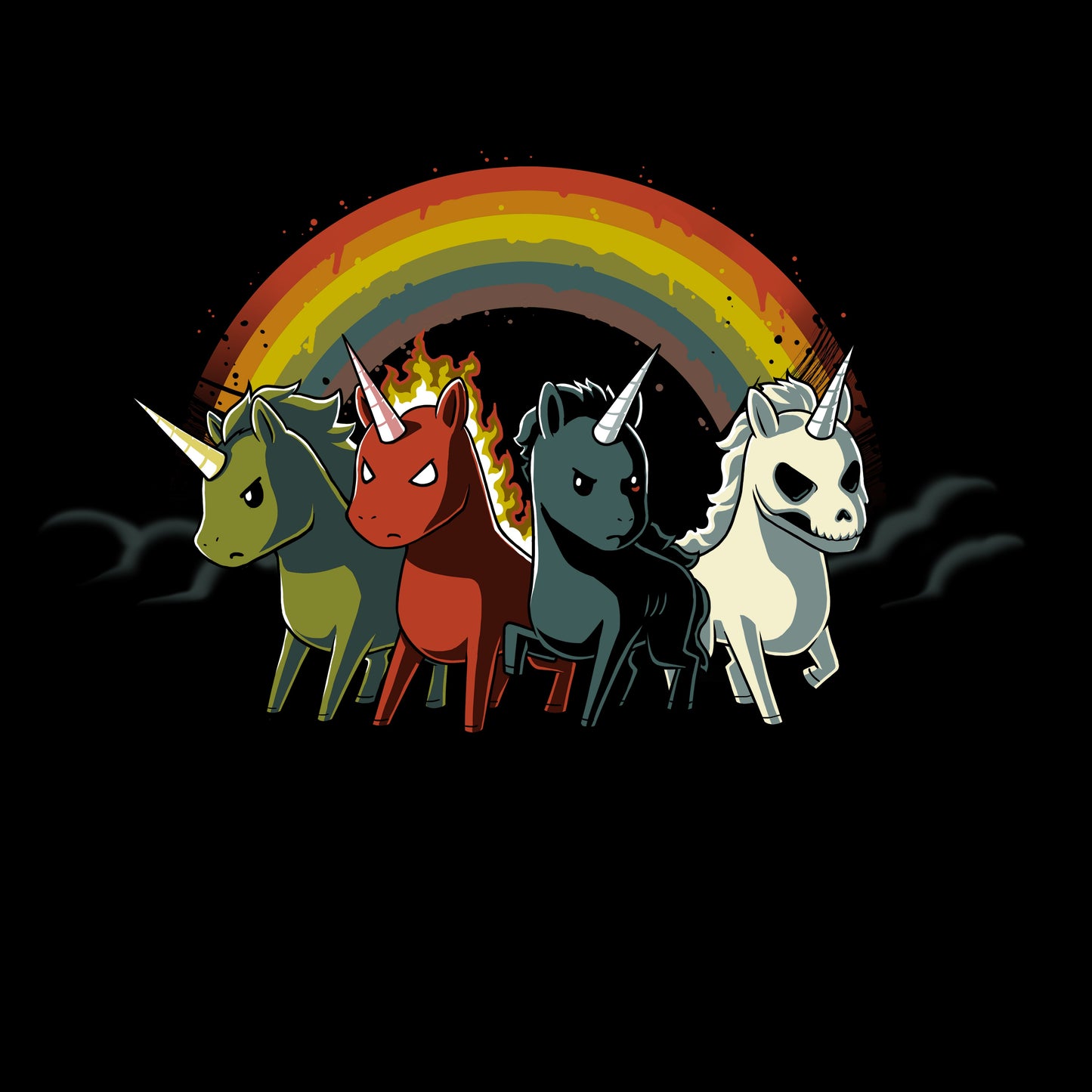 Premium Cotton T-shirt_TeeTurtle black Four Unicorns of the Apocalypse. Featuring four apocalyptic unicorns with a rainbow in the background.