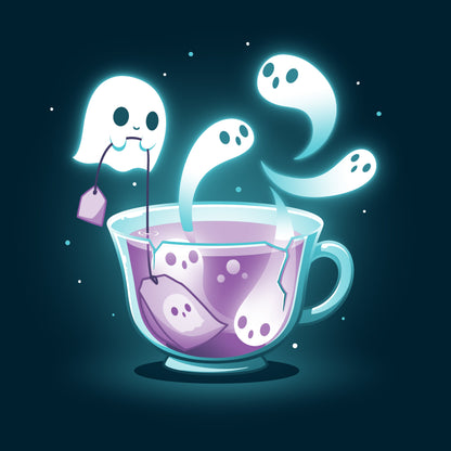 Premium Cotton T-shirt_TeeTurtle Fresh-Booed Tea navy blue t-shirt featuring a glowing teacup with ghost-like figures emerging from it and a ghost holding a tea bag.