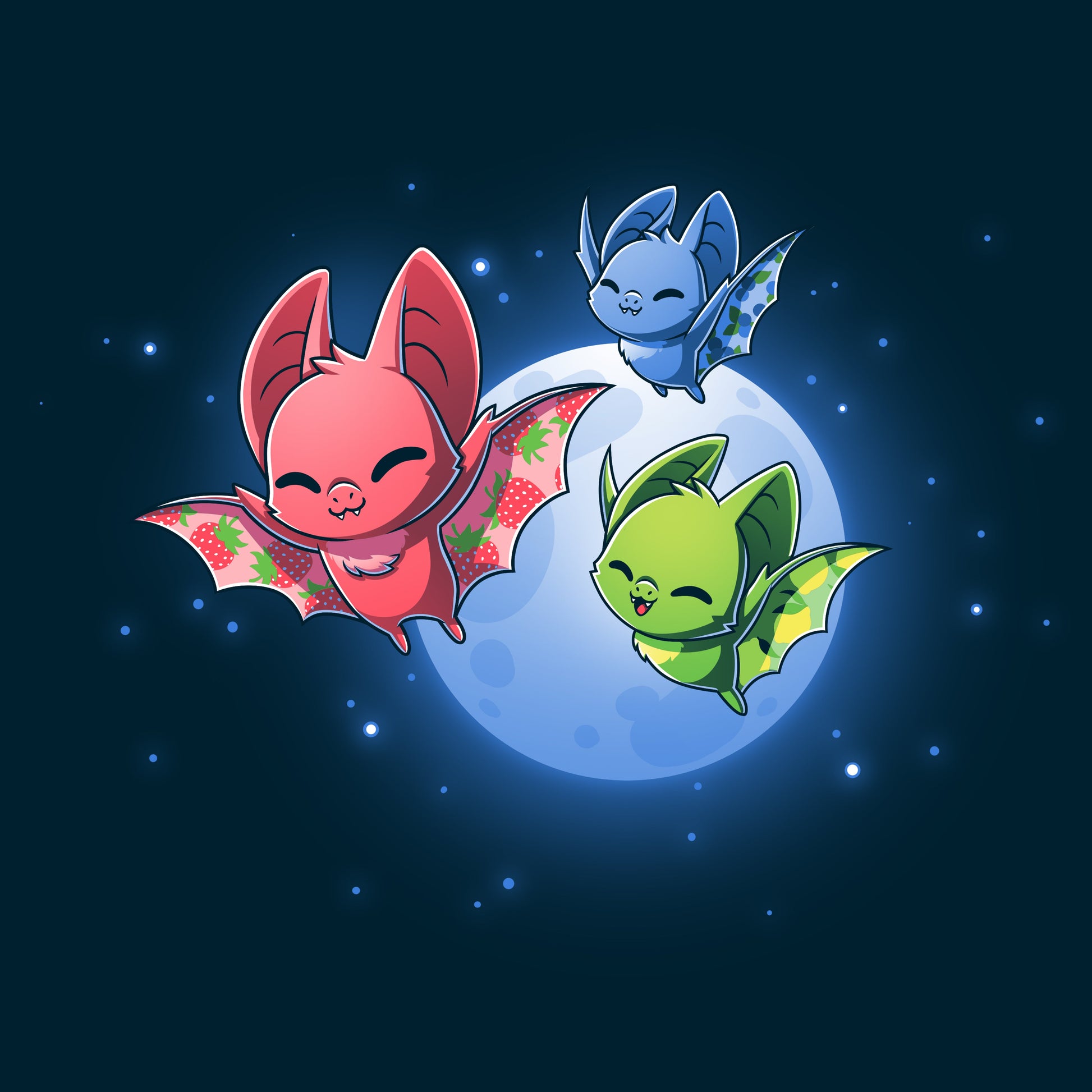 Premium Cotton T-shirt_TeeTurtle Fruit Bats navy blue t-shirt featuring three colorful fruit bats (red, green, blue) with decorative wings flying against a night sky with a full moon and stars.