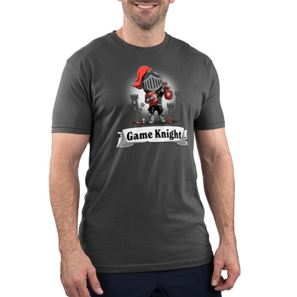 Premium Cotton T-shirt_TeeTurtle Game Knight charcoal gray t-shirt featuring a knight in armor holding a game die and cards.
