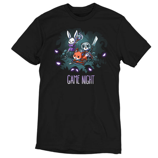 Premium Cotton T-shirt_TeeTurtle Ready for Game Night black t-shirt featuring a rabbit, panda, and fox in fantasy costumes, holding a staff, sword, and arrow respectively, surrounded by glowing eyes in the dark forest. Text at the bottom reads 