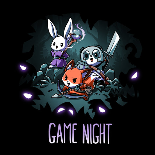 Premium Cotton T-shirt_TeeTurtle Ready for Game Night black t-shirt featuring a rabbit, panda, and fox in fantasy costumes, holding a staff, sword, and arrow respectively, surrounded by glowing eyes in the dark forest. Text at the bottom reads 