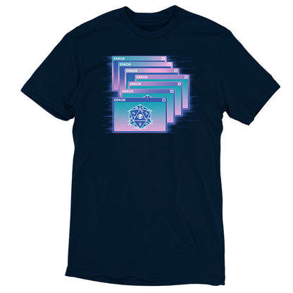 Premium Cotton T-shirt_TeeTurtle GlitchWave D20 navy blue t-shirt featuring a series of overlapping error messages with a vaporwave gradient background, featuring an icon of a 20-sided die displaying numbers and a skull symbol.