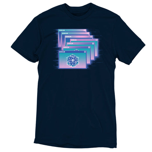 Premium Cotton T-shirt_TeeTurtle GlitchWave D20 navy blue t-shirt featuring a series of overlapping error messages with a vaporwave gradient background, featuring an icon of a 20-sided die displaying numbers and a skull symbol.