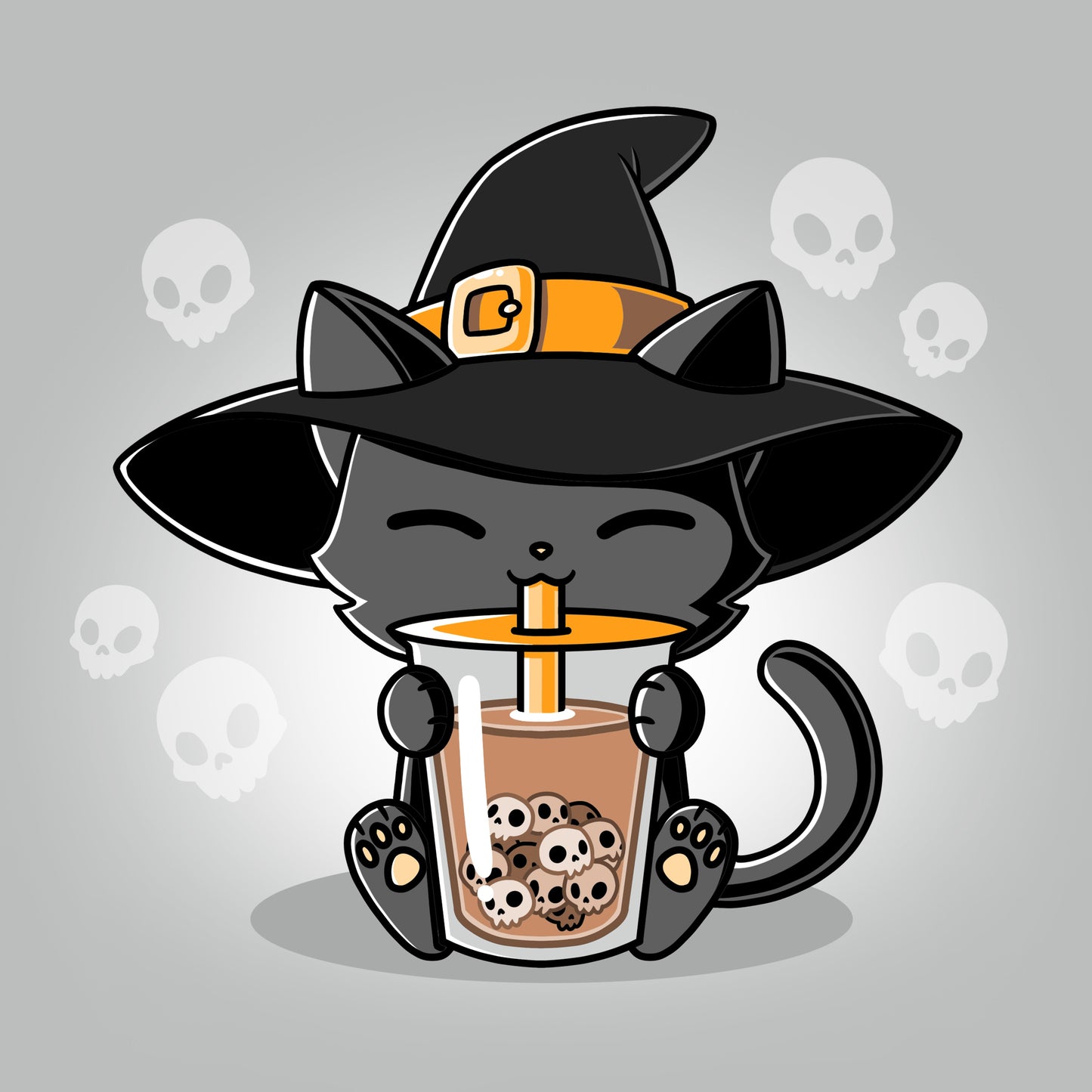 Premium Cotton T-shirt_TeeTurtle silver gray Halloween Boba Cat. Featuring a cat with a witch hat sipping on drinking skull-shaped bubble tea.