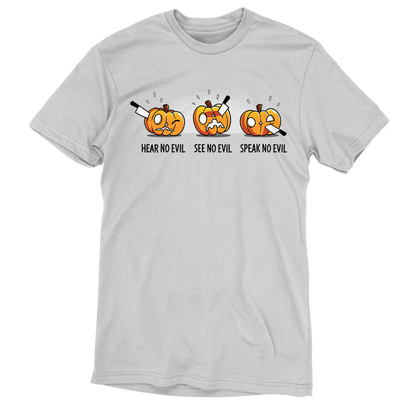 Premium Cotton T-shirt_TeeTurtle Hear No Evil, See No Evil, Speak No Evil silver gray t-shirt featuring three pumpkins with knives in each. One is getting its ears carved, the second is getting its eyes carved, and the third is getting its mouth carved.