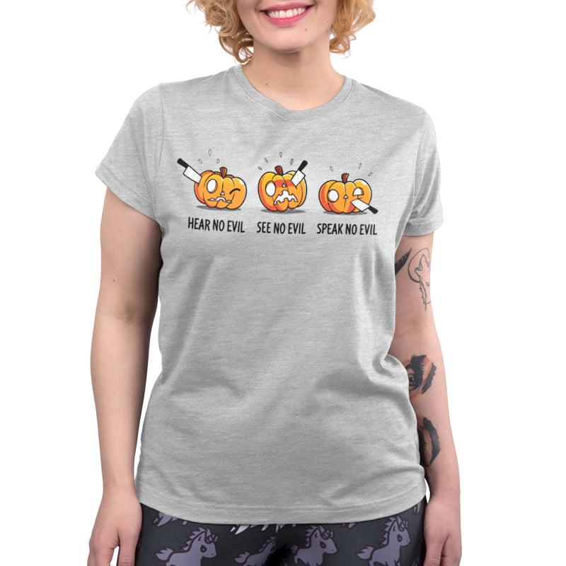 Premium Cotton T-shirt_TeeTurtle Hear No Evil, See No Evil, Speak No Evil silver gray t-shirt featuring three pumpkins with knives in each. One is getting its ears carved, the second is getting its eyes carved, and the third is getting its mouth carved.