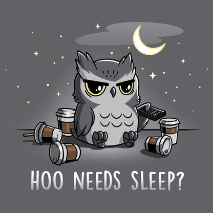 Premium Cotton T-shirt_Teeturtle Hoo Needs Sleep? charcoal gray t-shirt featuring an owl sitting with coffee cups and a TV remote, under a night sky with stars and a crescent moon. The text below reads "Hoo Needs Sleep?"