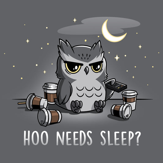 Premium Cotton T-shirt_Teeturtle Hoo Needs Sleep? charcoal gray t-shirt featuring an owl sitting with coffee cups and a TV remote, under a night sky with stars and a crescent moon. The text below reads 