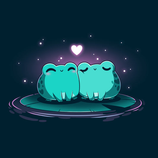 Premium Cotton T-shirt_TeeTurtle Hoppy Together navy blue t-shirt featuring two cute green frogs sitting together on a lily pad, surrounded by glowing stars with a floating heart above them.