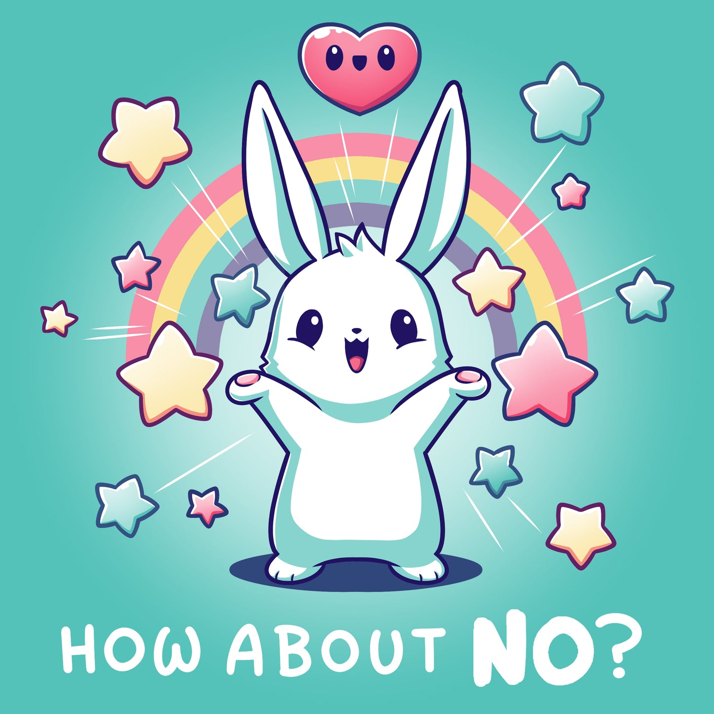 Premium Cotton T-shirt_TeeTurtle How About No? caribbean blue t-shirt featuring a happy bunny with stars, hearts and rainbows. The text reads, "How About No?"