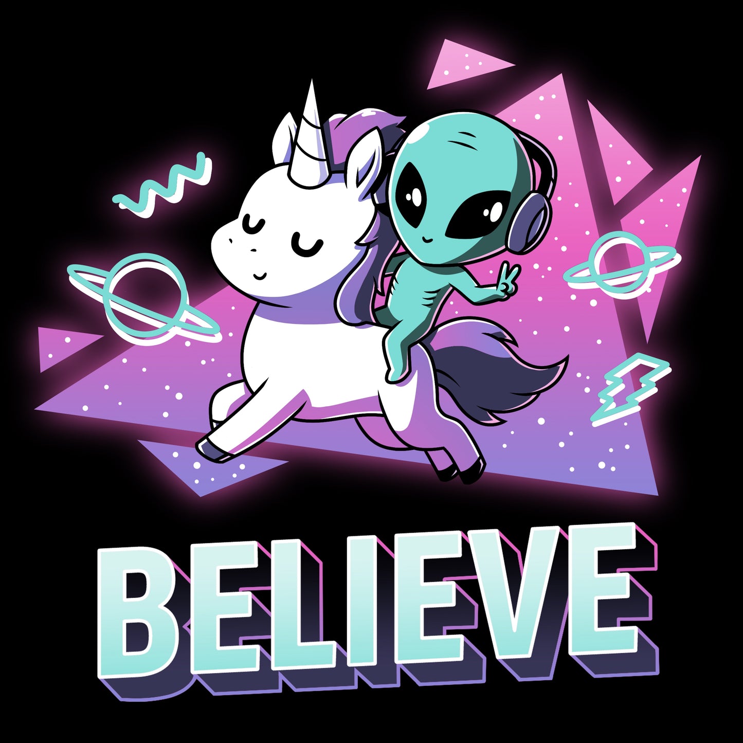 Premium Cotton T-shirt_TeeTurtle I Believe black t-shirt featuring an alien with headphones on riding a unicorn with a geometric 90’s background.