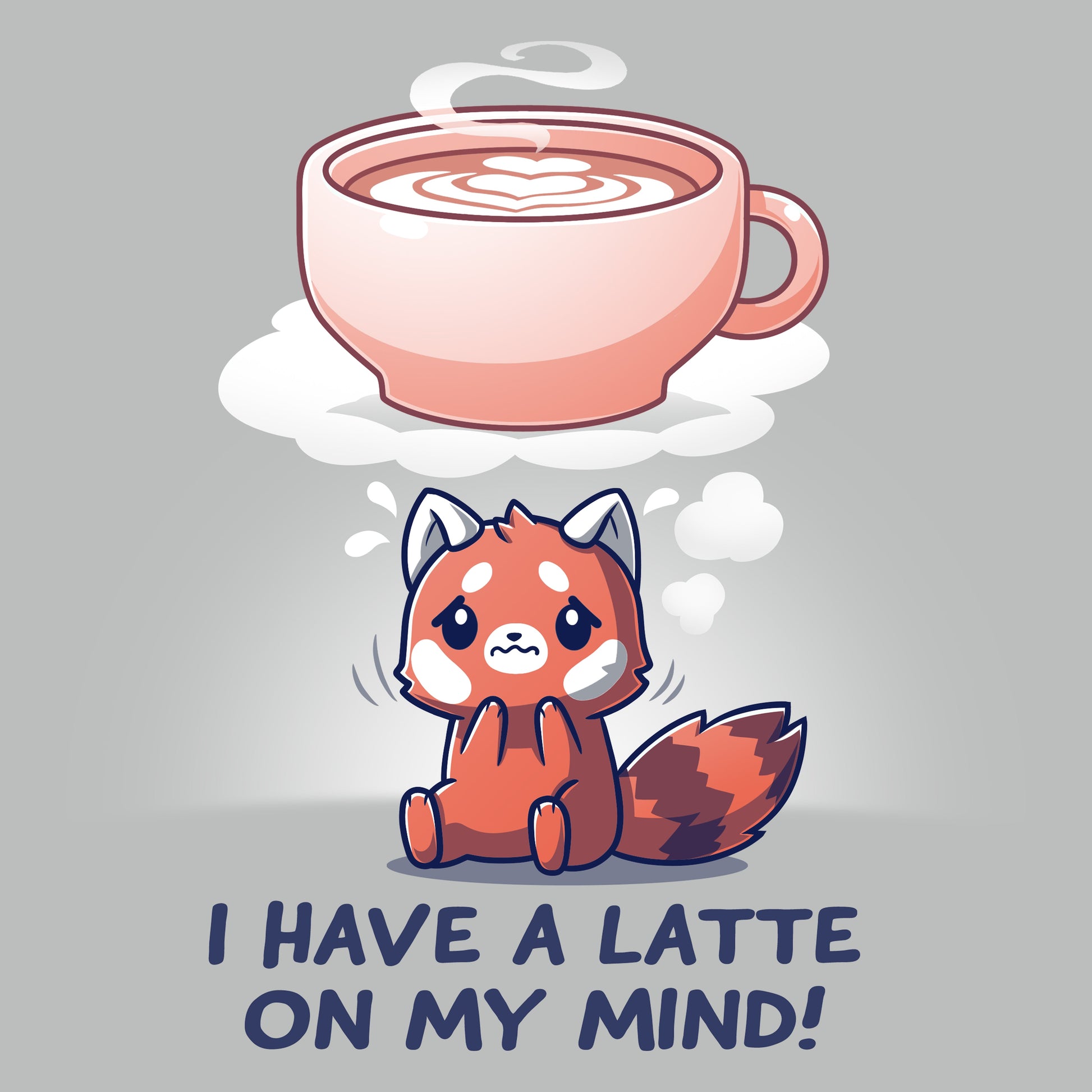 Premium Cotton T-shirt_Teeturtle I Have a Latte on My Mind silver gray t-shirt featuring a cute red panda with a thought bubble showing a latte and the text "I have a latte on my mind!"