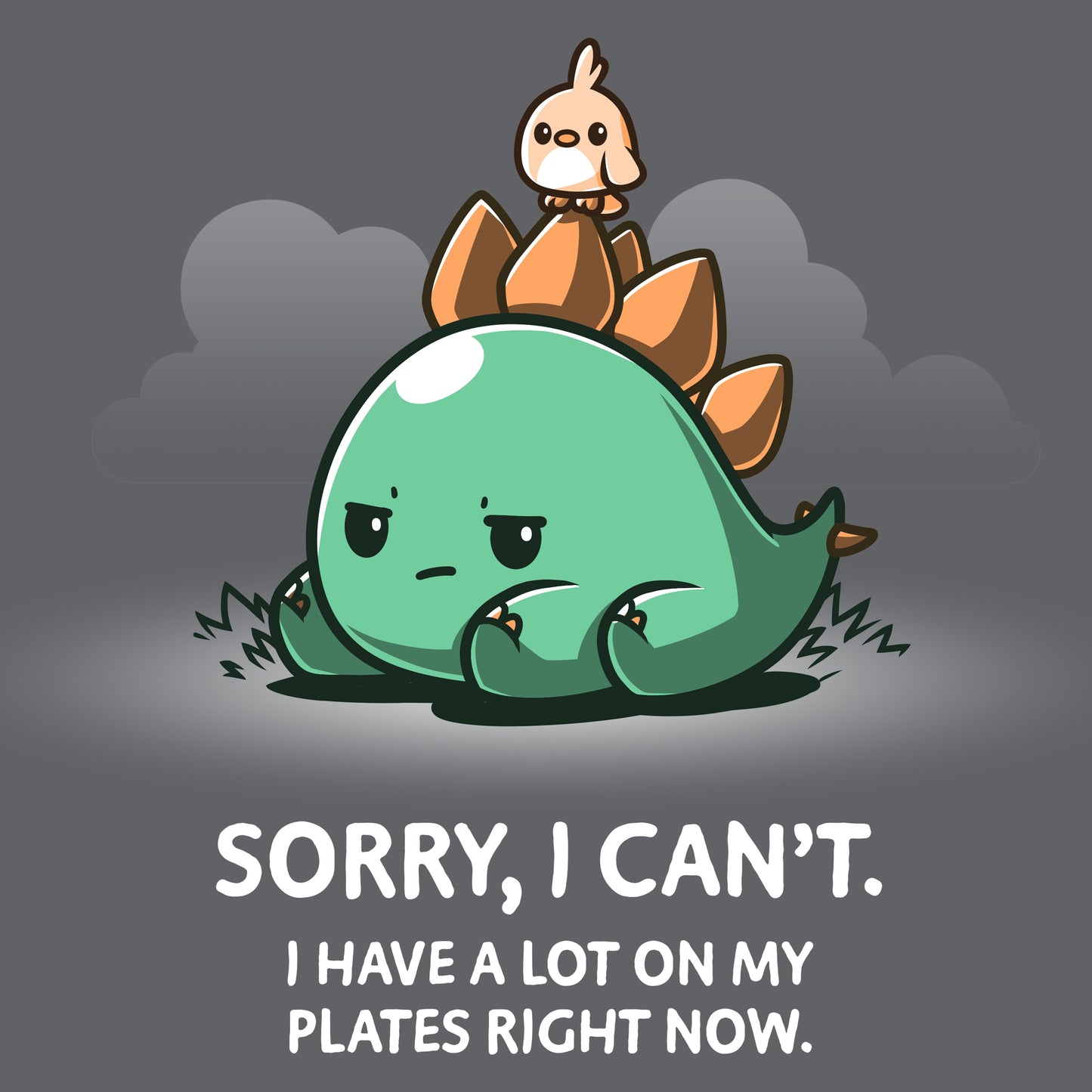 Premium Cotton T-shirt_TeeTurtle I Have A Lot On My Plates charcoal gray t-shirt featuring a grumpy stegosaurus dinosaur lying on the ground with a cute bird on its plates with a pun underneath.