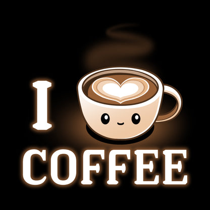 Premium Cotton T-shirt_TeeTurtle I <3 Coffee black t-shirt featuring a coffee cup with a smiling face and a heart-shaped design in the foam, accompanied by the text "I <3 Coffee."