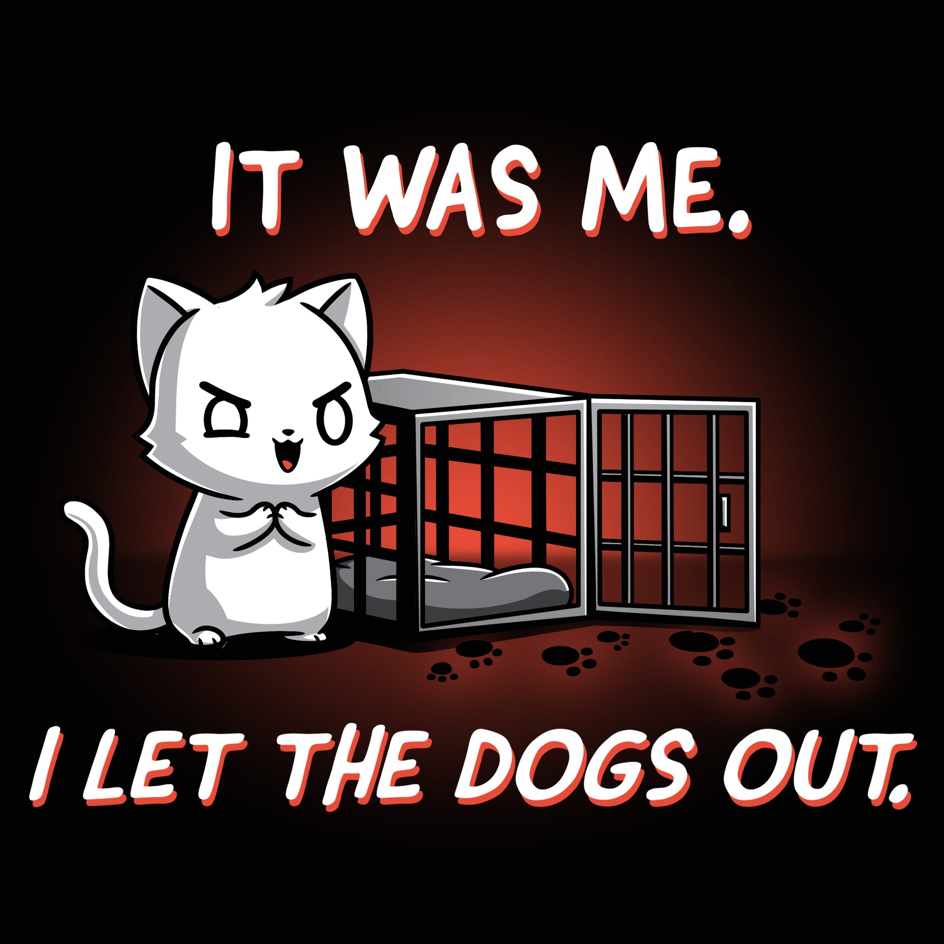 Premium Cotton T-shirt_TeeTurtle I let the dogs out black t-shirt featuring a cat next to an empty dog cage.