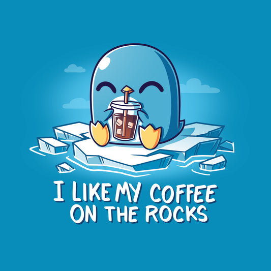 Premium Cotton T-shirt - A blue cartoon penguin sits on ice, happily holding a cup of iced coffee with a straw, sporting a cobalt blue apparel. The text below reads, 