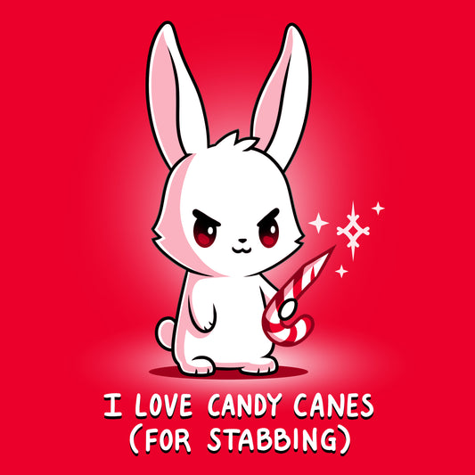 Premium Cotton T-shirt_TeeTurtle I Love Candy Canes(For Stabbing) red t-shirt featuring an angry bunny holding a candy cane with a sharp end.