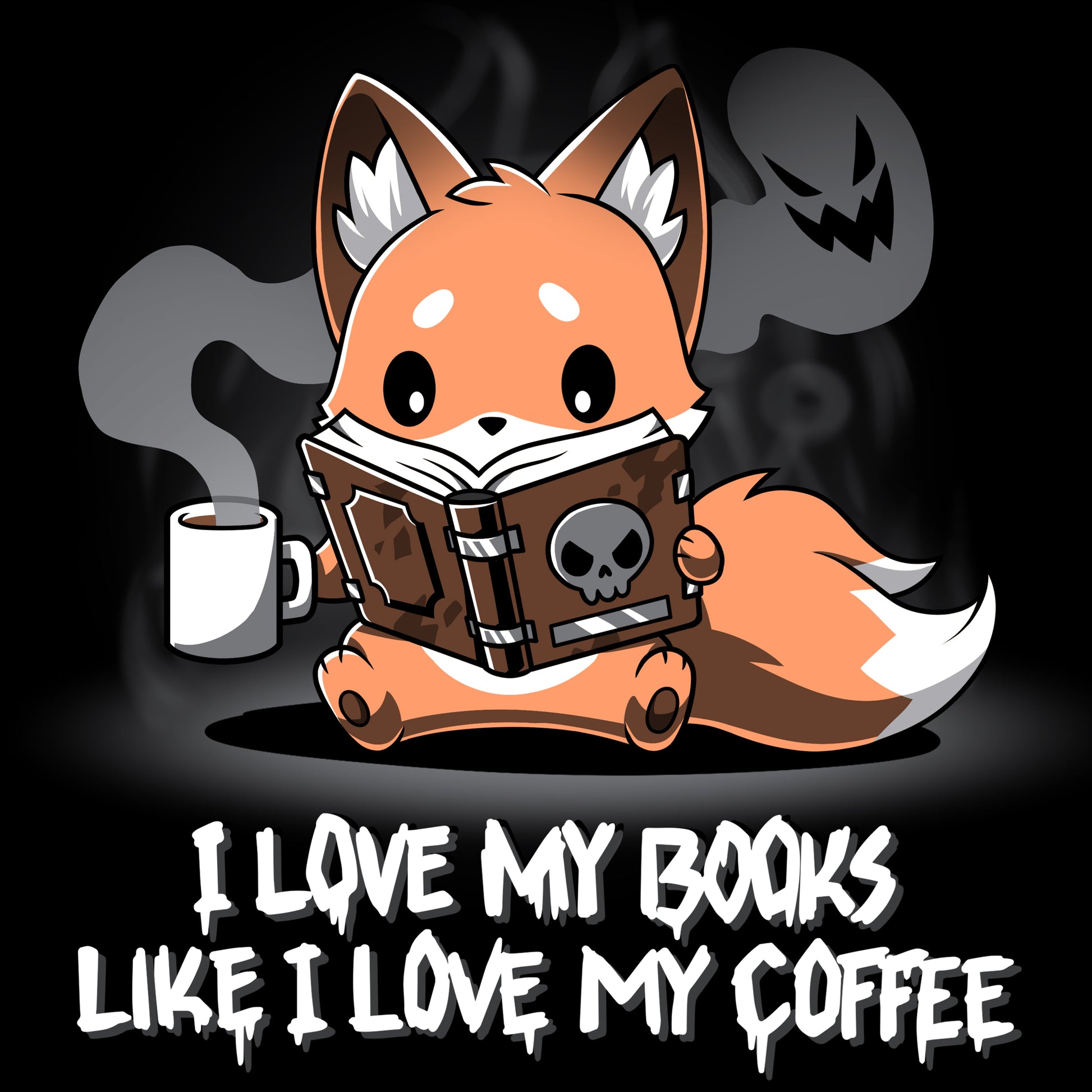 Premium Cotton T-shirt_Teeturtle I Love My Books Like I Love My Coffee black t-shirt featuring a fox holding a steaming coffee cup and reading a book with a skull on the cover. Text below reads: "I love my books like I love my coffee."