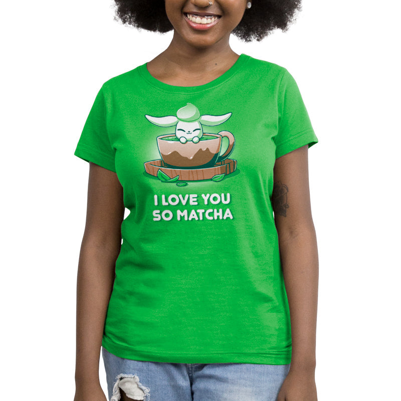 Premium Cotton T-shirt_Teeturtle I Love You So Matcha apple green t-shirt featuring a cute little white-furred bunny peeking out of a cup of Matcha Tea with 'I Love You So Matcha' beneath.