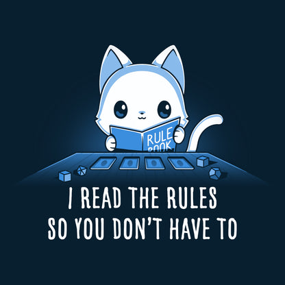 Premium Cotton T-shirt_TeeTurtle I Read The Rules So You Don’t Have To navy blue t-shirt featuring a cat holding a rule book, surrounded by game elements, with text reading "I Read The Rules So You Don’t Have To".