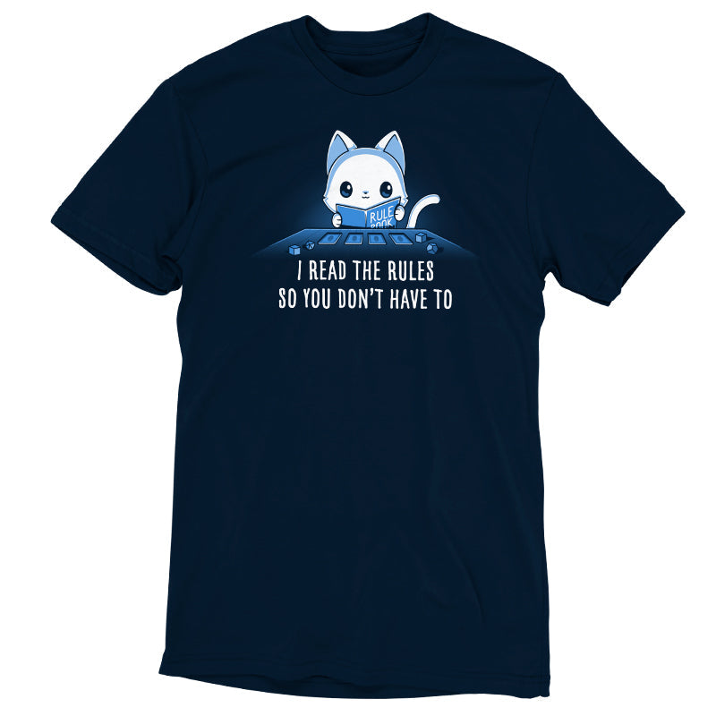 Premium Cotton T-shirt_TeeTurtle I Read The Rules So You Don’t Have To navy blue t-shirt featuring a cat holding a rule book, surrounded by game elements, with text reading "I Read The Rules So You Don’t Have To".