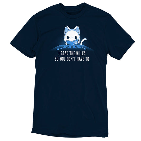 Premium Cotton T-shirt_TeeTurtle I Read The Rules So You Don’t Have To navy blue t-shirt featuring a cat holding a rule book, surrounded by game elements, with text reading 