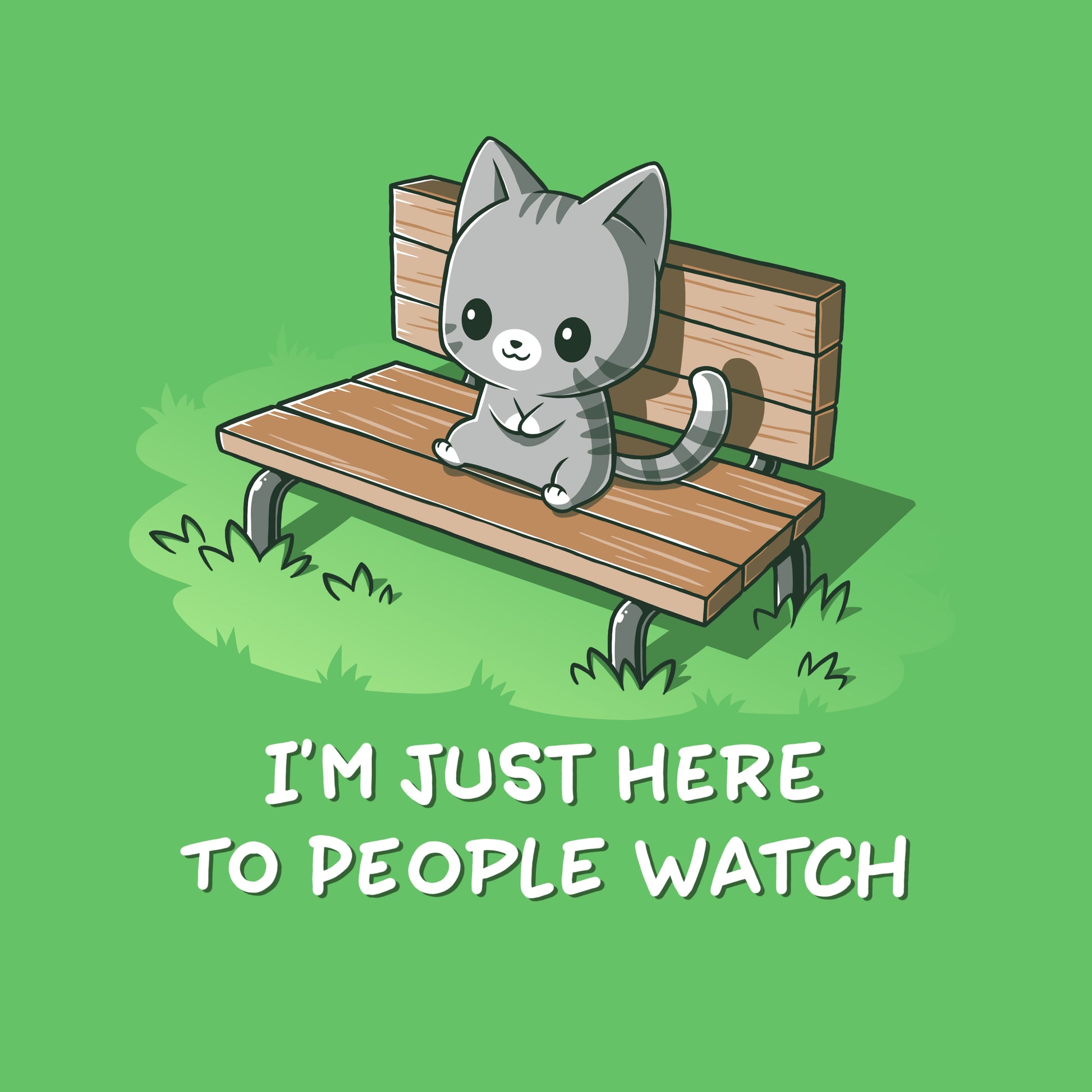 Premium Cotton T-shirt_TeeTurtle I'm Just Here to People Watch apple green t-shirt featuring an illustration of a cute gray cartoon cat sitting on a bench in the grass, accompanied by the text "I'M JUST HERE TO PEOPLE WATCH" written below. 