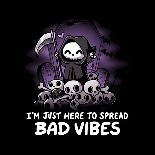 Premium Cotton T-shirt_TeeTurtle I'm just here to spread bad vibes black t-shirt featuring a grim reaper with a scythe.