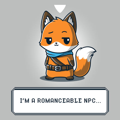 Premium Cotton T-shirt_TeeTurtle I'm a Romanceable NPC silver gray t-shirt featuring an illustration of an anthropomorphic fox, dressed in an adventurer's outfit, with text reading "I'm a Romanceable NPC" at the bottom. 