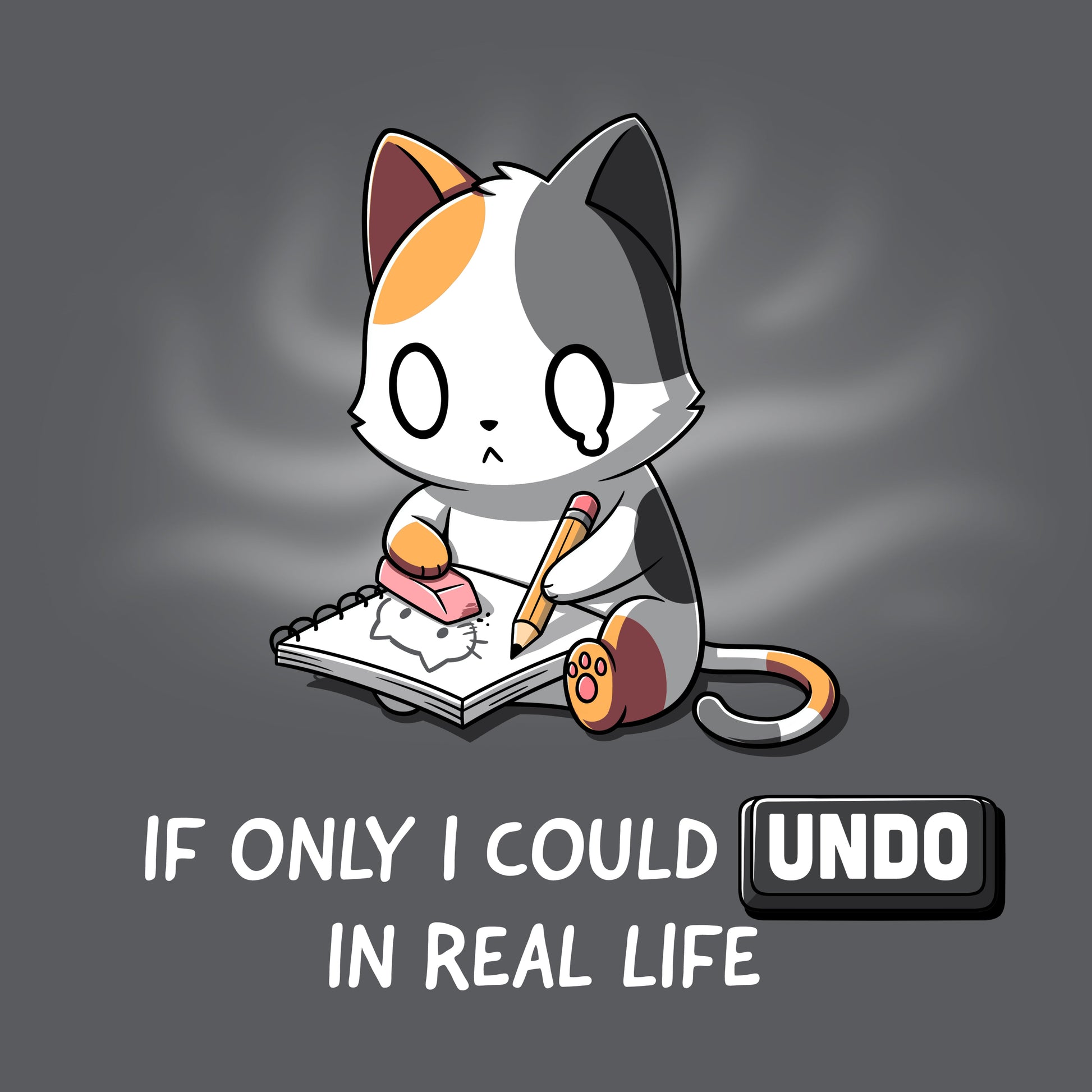 Premium Cotton T-shirt_TeeTurtle If Only I Could Undo in Real Life charcoal gray t-shirt featuring an illustration of a sad cartoon cat erasing a drawing, with "IF ONLY I COULD UNDO IN REAL LIFE" written underneath. 