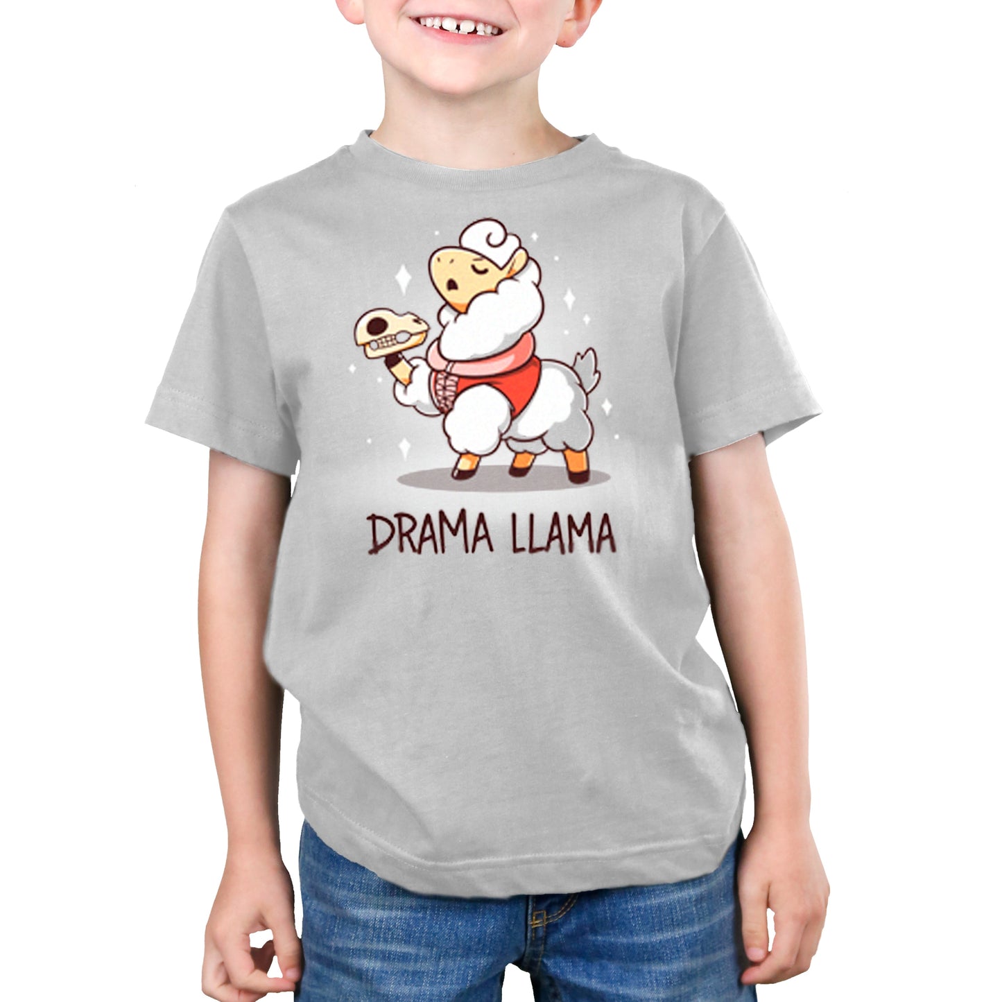 Premium Cotton T-shirt_Teeturtle I'm A Drama Lllama silver gray t-shirt featuring a Shakespearian-attired Llama holding a Llama skull with 'Drama Llama' written beneath.