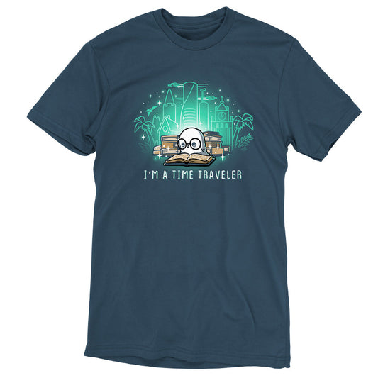 Premium Cotton T-shirt_Teeturtle I'm a Time Traveler Denim Blue Featuring a cute, glasses-wearing owl reading a book with a stack of books behind them with images of all the different time periods rising from those books and 'I'm a Time Traveler' written below.