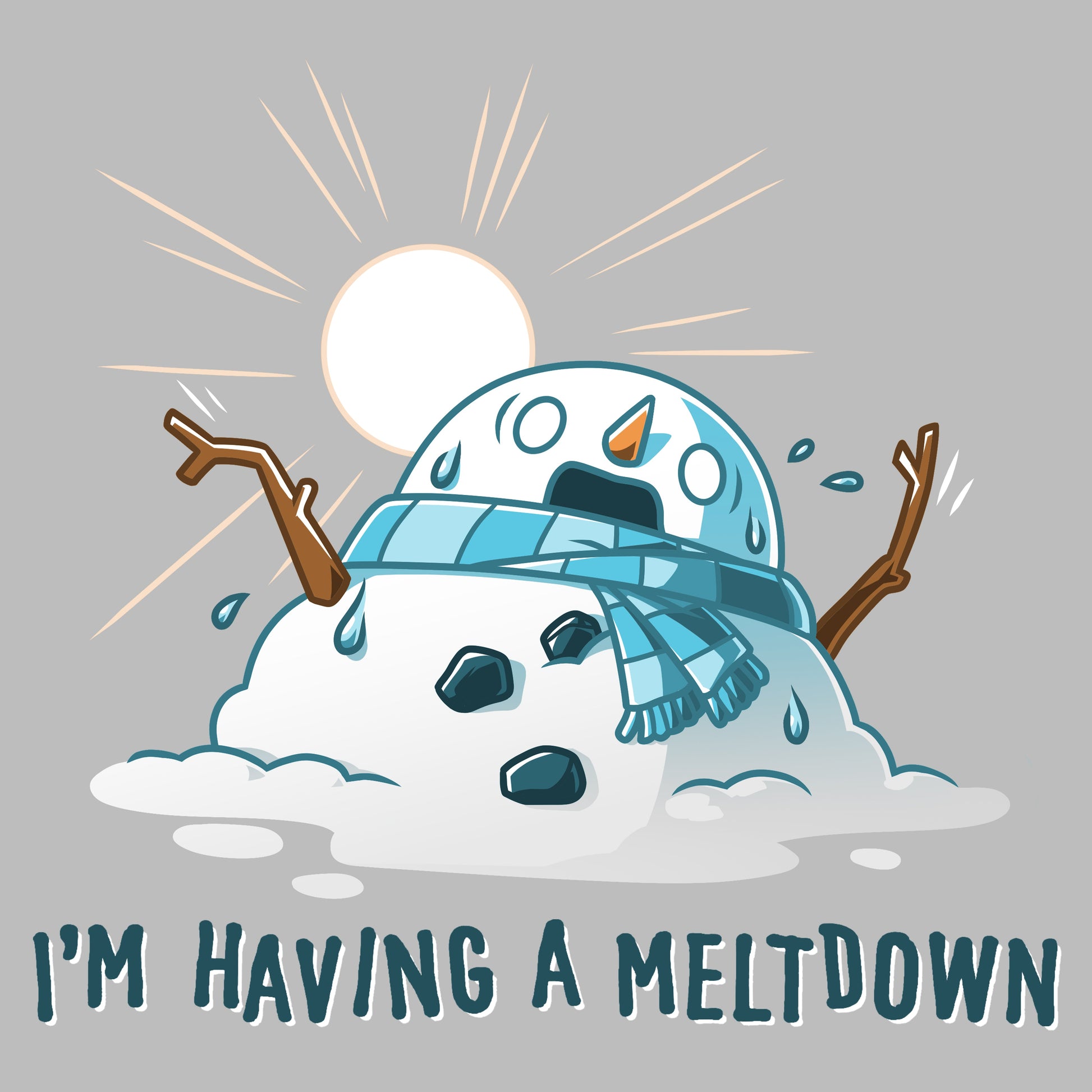 Premium Cotton T-shirt_Teeturtle I'm Having a Meltdown silver gray t-shirt featuring a melting snowman with a distressed expression under a hot sun, wearing a scarf. The text below reads "I'm Having a Meltdown."