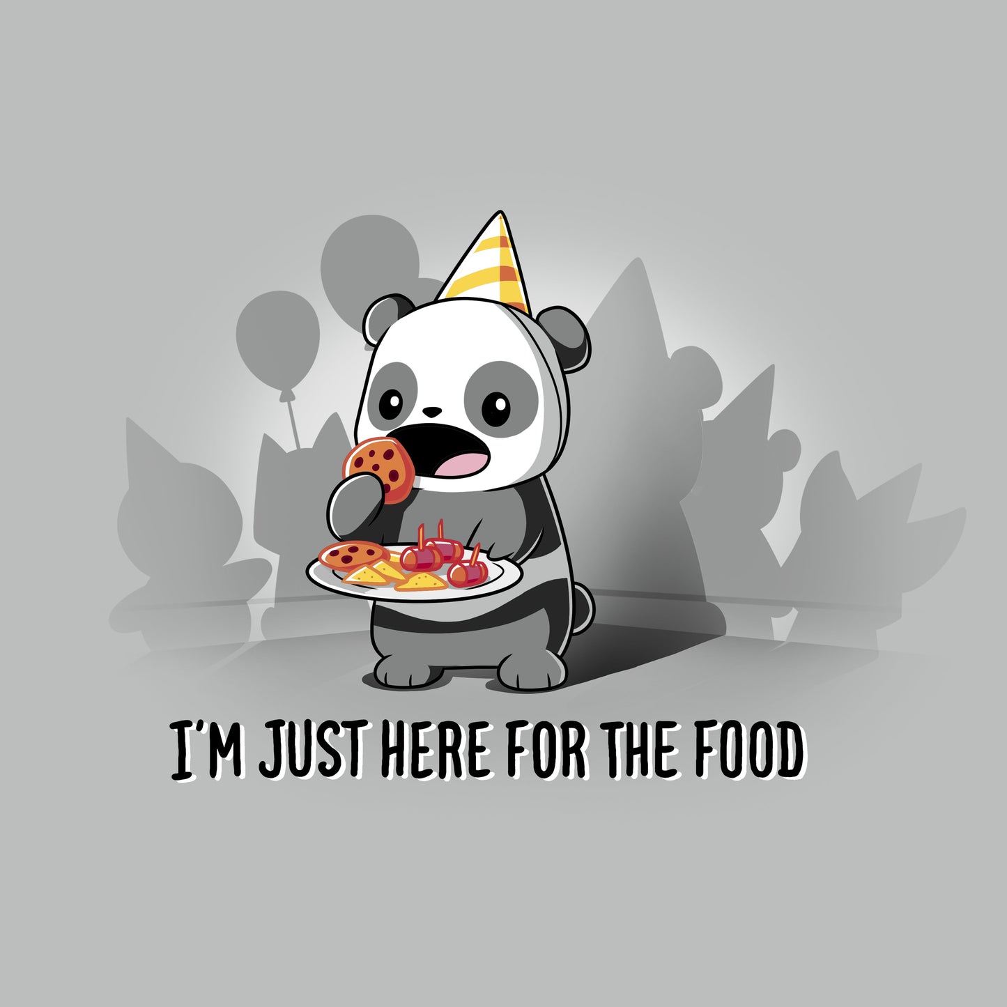 Premium Cotton T-shirt_TeeTurtle I'm Just Here for the Food silver gray t-shirt featuring a cartoon panda wearing a yellow party hat holding a tray of party food and about to eat a cookie, with the text "I'M JUST HERE FOR THE FOOD" below it. Shadows of balloons and party items are in the background.