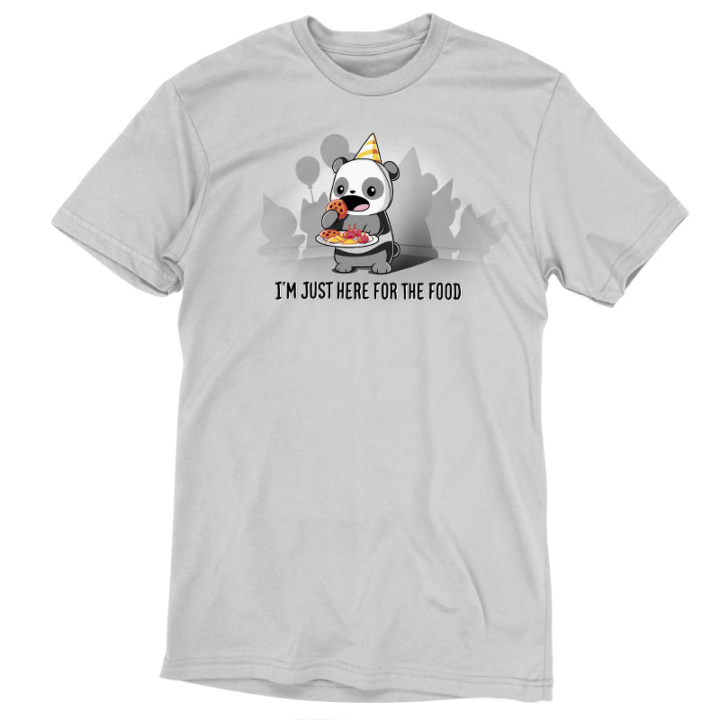 Premium Cotton T-shirt_TeeTurtle I'm Just Here for the Food silver gray t-shirt featuring a cartoon panda wearing a yellow party hat holding a tray of party food and about to eat a cookie, with the text "I'M JUST HERE FOR THE FOOD" below it. Shadows of balloons and party items are in the background