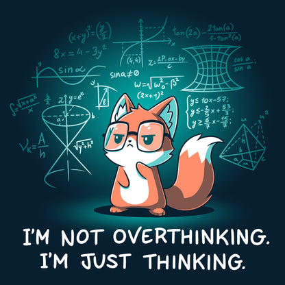 Premium Cotton T-shirt_TeeTurtle navy blue I'm Just Thinking. Featuring a thinking fox with glasses surrounded by mathematical equations.