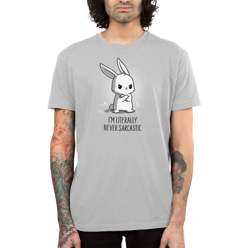 Premium Cotton T-shirt_TeeTurtle I'm Literally Never Sarcastic silver gray t-shirt featuring a sarcastic bunny with its arms crossed looking a little grumpy.