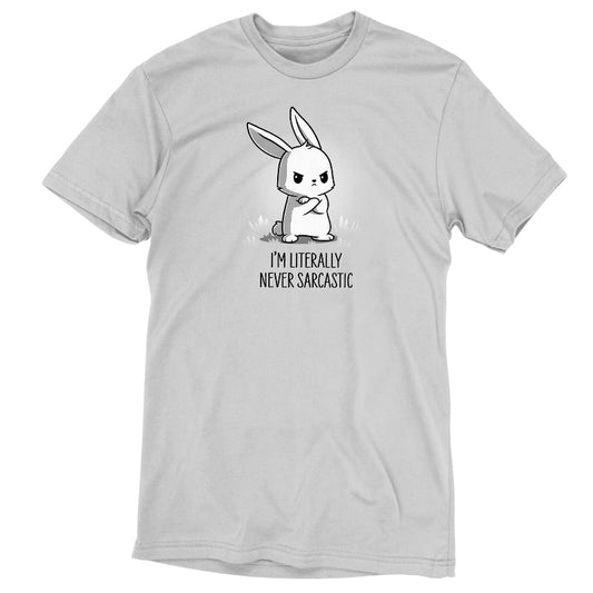 Premium Cotton T-shirt_TeeTurtle I'm Literally Never Sarcastic silver gray t-shirt featuring a sarcastic bunny with its arms crossed looking a little grumpy.