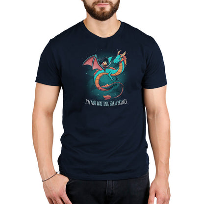 Premium Cotton T-shirt_TeeTurtle I'm Not Waiting for a Prince navy blue t-shirt featuring a woman with a sword riding a dragon.