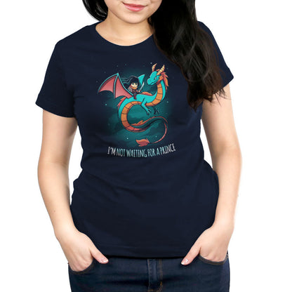 Premium Cotton T-shirt_TeeTurtle I'm Not Waiting for a Prince navy blue t-shirt featuring a woman with a sword riding a dragon.