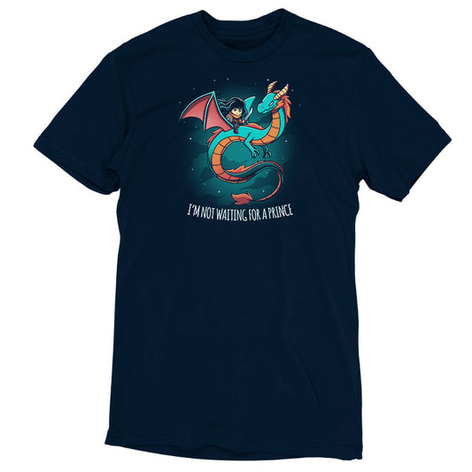 Premium Cotton T-shirt_TeeTurtle I'm Not Waiting for a Prince navy blue t-shirt featuring a woman with a sword riding a dragon.