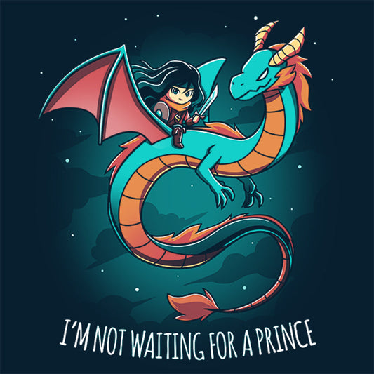 Premium Cotton T-shirt_TeeTurtle I'm Not Waiting for a Prince navy blue t-shirt featuring a woman with a sword riding a dragon.