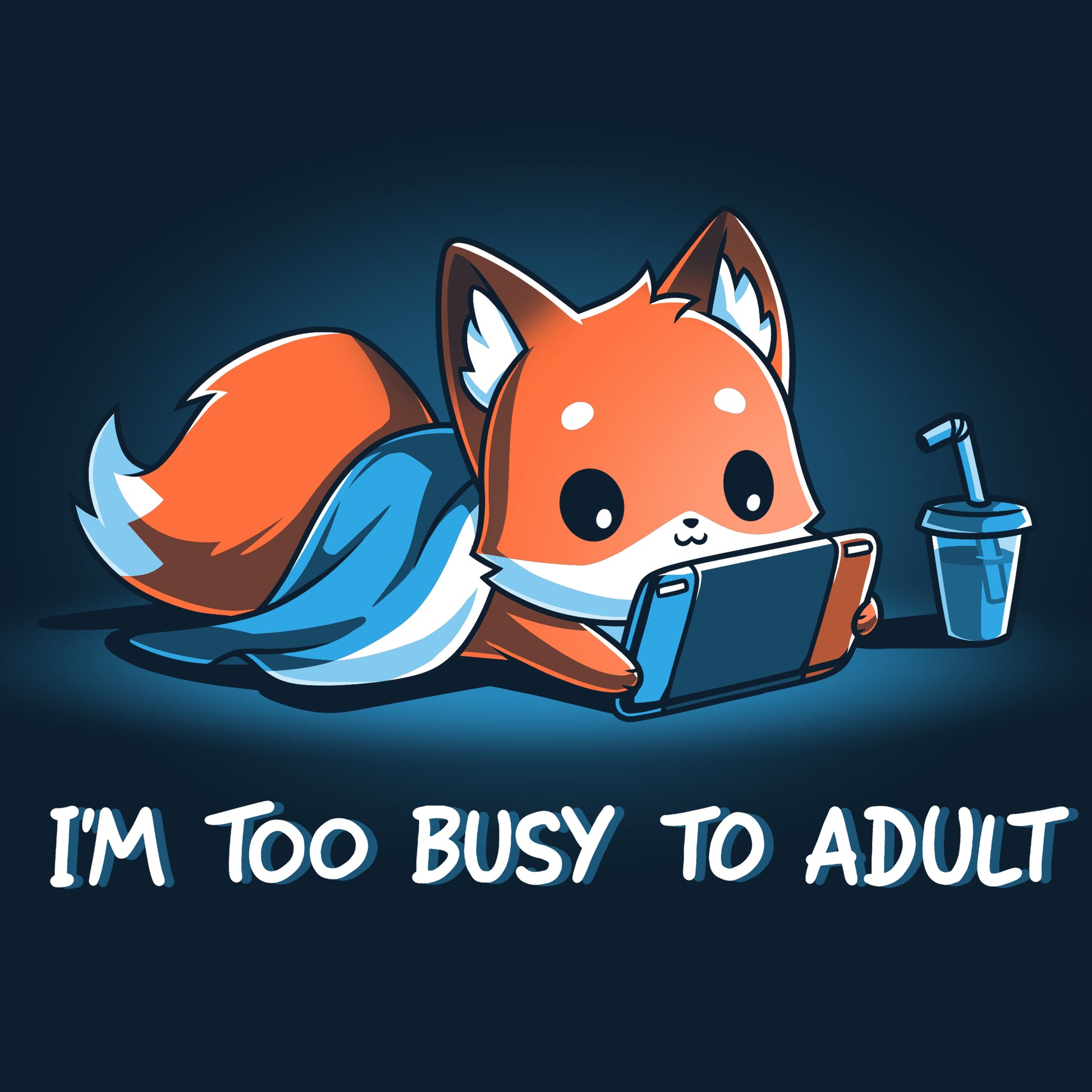 Premium Cotton T-shirt_TeeTurtle I'm Too Busy to Adult navy blue t-shirt featuring a fox lying down with a blue blanket, holding a video game tablet, next to a drink with a straw. Text below reads, "I'M TOO BUSY TO ADULT." 