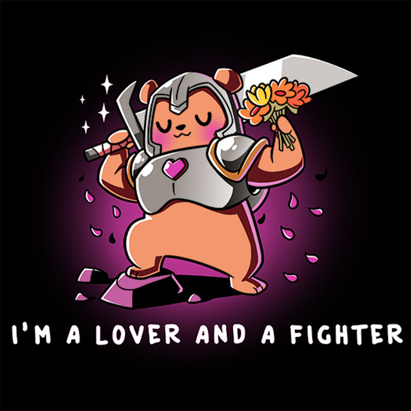 Premium Cotton T-shirt_TeeTurtle I'm a Lover and a Fighter Black t-shirt featuring a bear wearing armor, holding a sword and a bouquet of flowers.