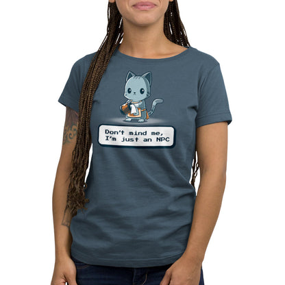 Premium Cotton T-shirt_TeeTurtle I'm Just An NPC denim blue t-shirt featuring a cat holding a mug and wearing an apron.