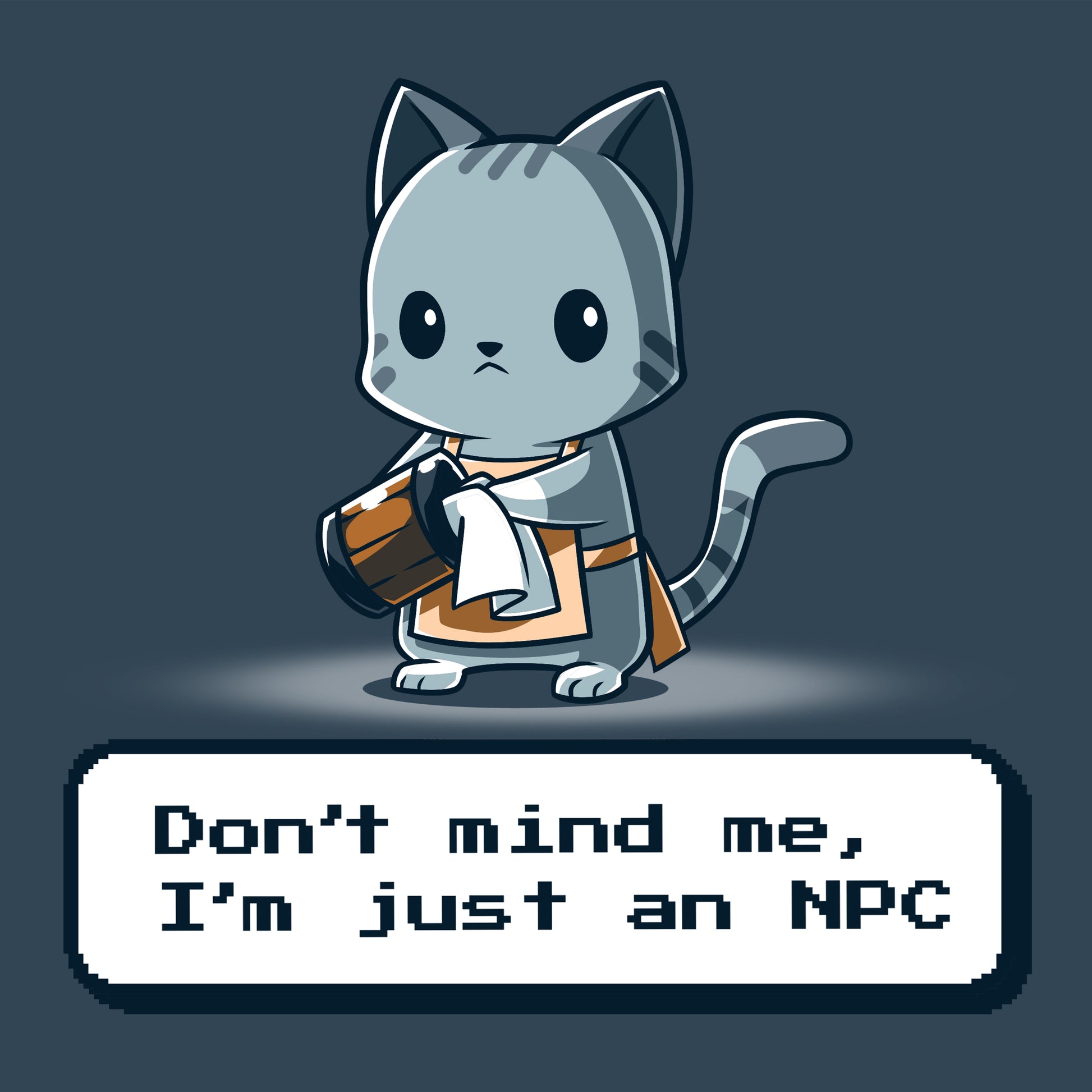 Premium Cotton T-shirt_TeeTurtle I'm Just An NPC denim blue t-shirt featuring a cat holding a mug and wearing an apron.