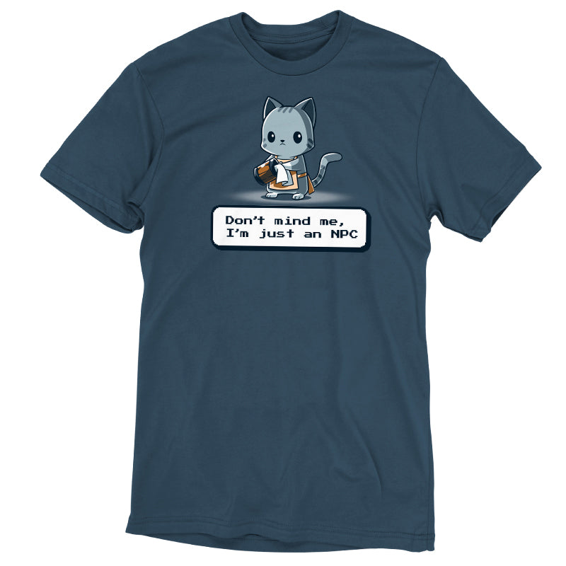 Premium Cotton T-shirt_TeeTurtle I'm Just An NPC denim blue t-shirt featuring a cat holding a mug and wearing an apron.