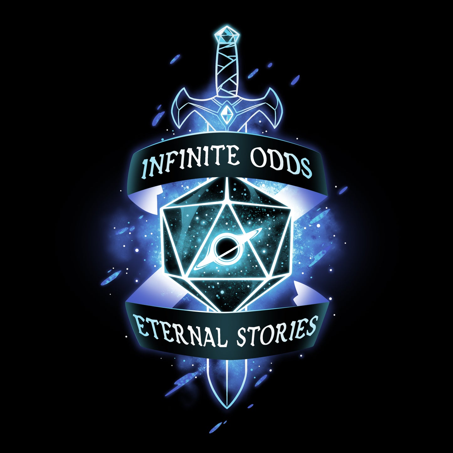 Premium Cotton T-shirt_TeeTurtle Infinite odd, eternal stories black t-shirt featuring a glowing sword and a d20 flanked by banners.